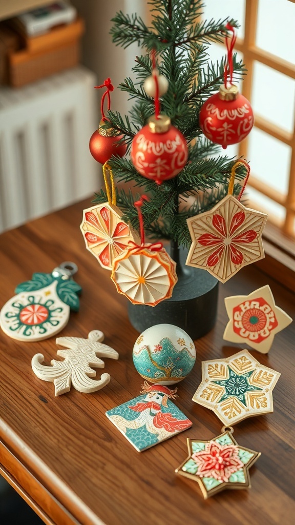 Japanese-inspired Christmas ornaments made from washi paper in various colors and designs, displayed on a wooden table.